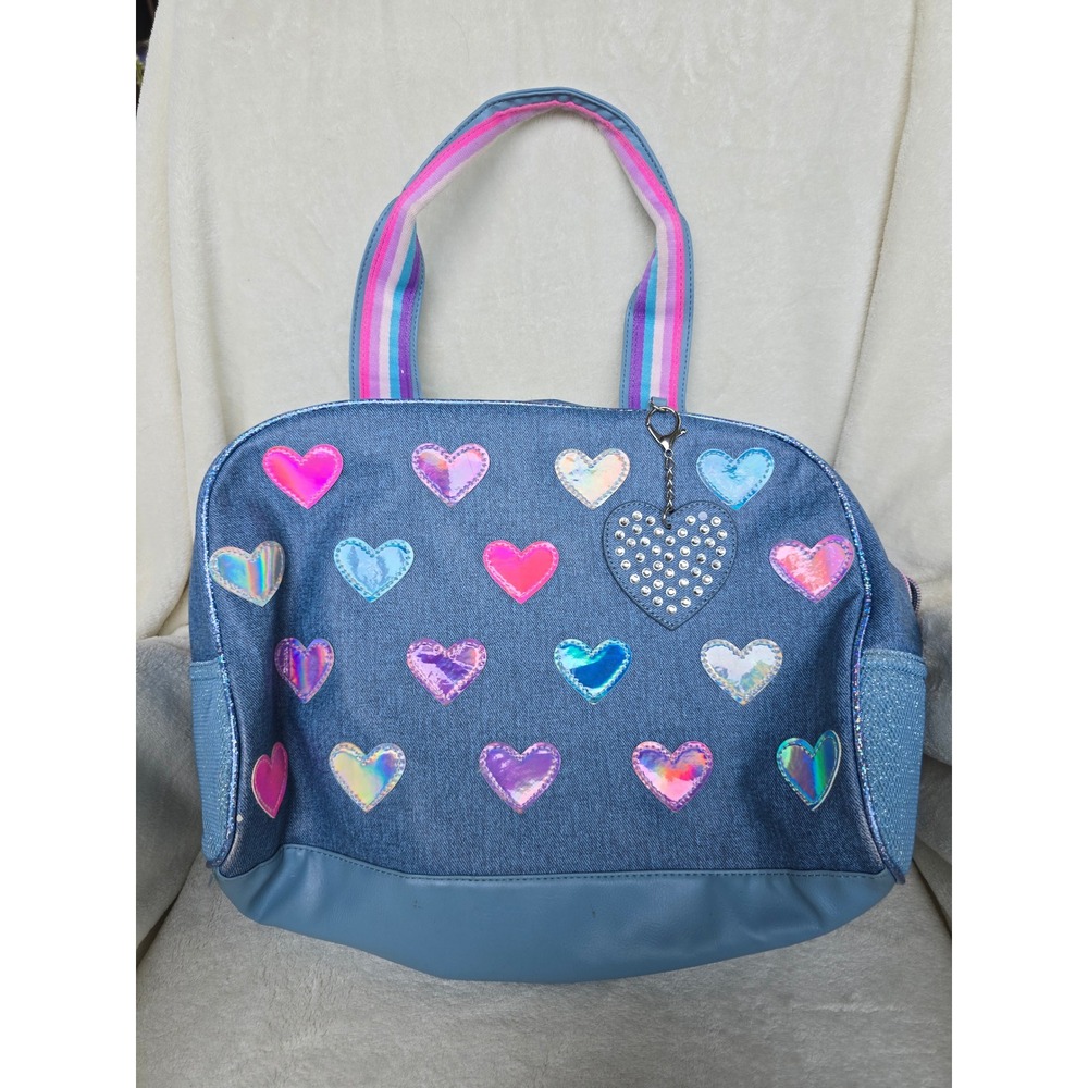 Miss Gwen's OMG Accessories Denim Duffle Bag Holographic Hearts Blue Rhinestone